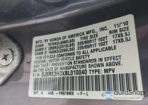 2011 Honda Cr-V Lx z USA, uszkodzony, nr VIN 5J6RE3H3XBL010040